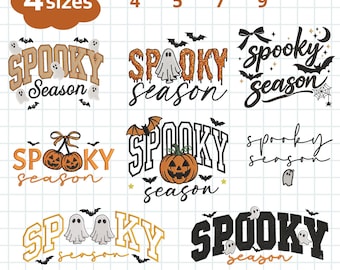 May include: A collection of eight Halloween-themed embroidery designs featuring the text Spooky Season in various fonts and styles, including ghosts, pumpkins, bats, and spiderwebs. The designs are available in 4 sizes: 4 inches, 5 inches, 7 inches, and 9 inches, with file formats JEF, EXP, DST, PES, VP3, and HUS listed at the bottom.