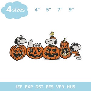 May include: An embroidery design featuring Snoopy and Woodstock with pumpkins. The text 4 sizes 4" 5" 7" 9" appears at the top, and file formats JEF, EXP, DST, PES, VP3, HUS are listed at the bottom. The characters are white and black.