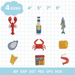May include: A collection of nine embroidered seafood-themed designs including a red lobster, a bottle of tartar sauce, a fish, an oyster, a red crab, a corn cob, lemon wedges, an Old Bay seasoning tin, and a shrimp, available in 4, 5, 7, and 9 inches.