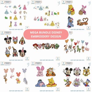 May include: A digital collection of embroidery designs featuring various cartoon characters, including bears, tigers, donkeys, pigs, mice, ducks, and dogs. The image displays multiple character sets, balloons, and accessories with the text MEGA BUNDLE DISNEY EMBROIDERY DESIGN.