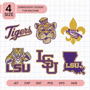 May include: A digital collection of six purple and gold machine embroidery designs featuring the word Tigers, a tiger mascot head, a fleur-de-lis, a roaring tiger with LSU text, the LSU logo, and a map of Louisiana with LSU text. Includes 4 sizes.