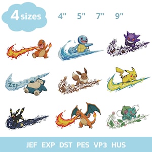 May include: A collection of nine digital embroidery designs featuring various creatures integrated with swoosh-shaped elements. The text 4 sizes 4" 5" 7" 9" appears at the top, and file formats JEF, EXP, DST, PES, VP3, HUS are listed at the bottom.