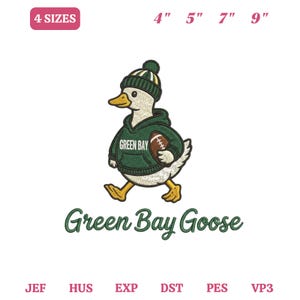 May include: An embroidery design featuring a white goose wearing a green beanie and a green hoodie with the text Green Bay, holding a football. Below is the text Green Bay Goose. Available in 4 sizes: 4 inches, 5 inches, 7 inches, and 9 inches.