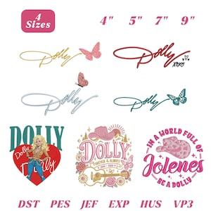 Puede incluir: Una colección de diseños de bordado con el nombre Dolly en varias tipografías, acompañados de mariposas, una ilustración de vaquera, una guitarra, rosas y sombreros de vaquero. El texto incluye Dolly, Dolly XOXO y In a world full of Jolenes be a Dolly.