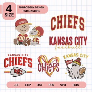 May include: A digital embroidery design file for machines featuring Kansas City Chiefs themes. Includes cartoon characters in red and gold jerseys, the text CHIEFS, KANSAS CITY, and football graphics. File formats listed include JEF, EXP, DST, PES, VP3, and HUS.
