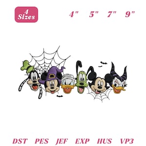 May include: An embroidery design featuring cartoon characters in Halloween costumes, including a witch, mummy, and vampire, with spiderwebs and bats. Text includes 4 Sizes, 4", 5", 7", 9", and file formats DST, PES, JEF, EXP, HUS, VP3 in pink text.