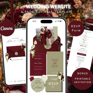 May include: A digital wedding website template featuring four editable pages with a burgundy and sage green color scheme. The design includes a save the date, RSVP form, and invitation elements with floral accents and wax seal graphics for Canva.