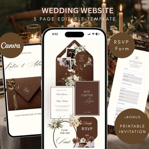 May include: A digital wedding website template displayed on a smartphone screen, featuring five editable pages with a brown and white colour scheme. The design includes sections for save the date, RSVP forms, and event details with floral accents.