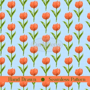 3 patrones sin costuras de tulipanes dibujados a mano, estilo cottagecore floral digital (PNG)