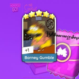 Puede incluir: Una tarjeta coleccionable digital de Monopoly Go! The Simpsons con una ilustración borrosa de Barney Gumble en una taberna. La tarjeta muestra cinco estrellas amarillas en la parte superior, un indicador +1 y el nombre Barney Gumble en una banda azul.