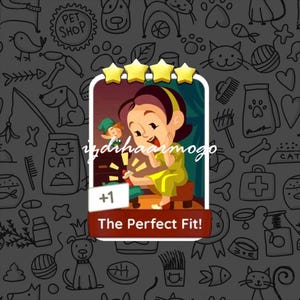 Puede incluir: Imagen de dibujos animados de una niña con ropa amarilla, sentada en un banco marrón, con una figura verde como un elfo en el fondo. La imagen tiene un borde blanco con el texto "The Perfect Fit!" y cuatro estrellas doradas.