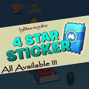 May include: A digital graphic for Monopoly Go! The Simpsons featuring a blue sticker pack icon with a white M logo. The text reads Bdihaarmogoshop, 4 STAR STICKER, and All Available !!!. The background shows a faint yellow character and a red base.
