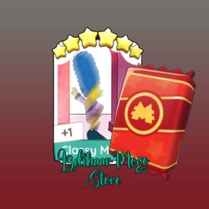 May include: A digital trading card featuring a blue-haired character illustration, topped with five yellow stars, alongside a red rectangular packet with a gold circular emblem containing a yellow M-shaped logo and a star pattern background.