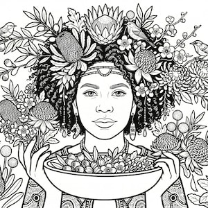 May include: Monochrome illustration of a woman with a floral headdress and holding a bowl of flowers. Birds and more flowers surround her. The artwork is highly detailed, with intricate patterns and textures throughout the design.