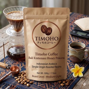 May include: A brown paper bag of Timoho Coffee, Bali Kintamani Honey Process, Indonesian Arabica, Single Origin Roasted Beans. The bag has a circular logo with coffee beans. A cup of coffee, a pour-over coffee maker, and coffee beans are also visible.