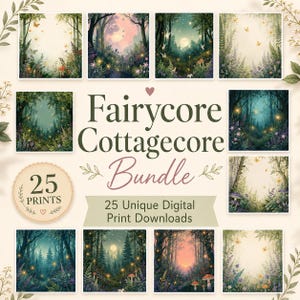 Pode incluir: Um conjunto de 25 impressões digitais com tema fairycore e cottagecore. As impressões apresentam cenas de florestas caprichosas com luzes brilhantes, borboletas e cogumelos. O texto diz "Fairycore Cottagecore Bundle" e "25 Unique Digital Print Downloads."