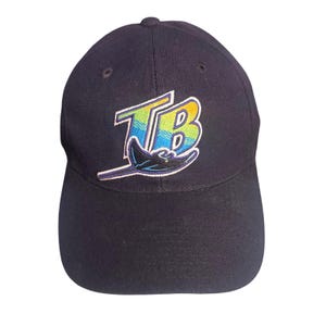 Op de afbeelding: Een donker marineblauwe honkbalpet met een geborduurd logo op de voorkant. Het logo toont de letters TB in een verloop van geel, groen en blauw, met een gestileerde zwarte pijlstaartrog-afbeelding onder de letters.
