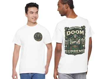 Doctor Doom Graphic Shirt | Kneel Before Doom Tee | Marvel Villain Art T-Shirt | Retro Comic Style | Unisex Fantastic Four Graphic Tee