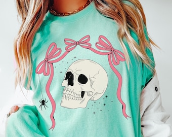 Comfort Colors® Skull & Bows Shirt, Girly Halloween Tee, Creepy Cute, Kawaii Halloween, Pastel Goth, Pink Pastel Halloween, Coquette Shirt
