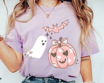 Comfort Colors® Girly Pastell Halloween Shirt, kokettes T-Shirt, rosa Kawaii Halloween, gruselig niedlich, Vintage Halloween Fledermaus, Spooky Season
