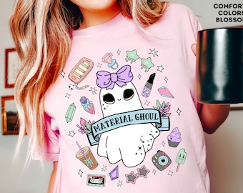 Koszulka z nadrukiem Comfort Colors® Ghoul lub bluza Gildan, dziewczęcy Halloween, kawaii Halloween, przerażający i słodki, upiorny sezon, różowy pastelowy gotyk