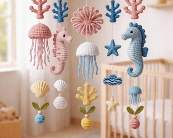 Móvil de animales marinos hecho a mano en ganchillo, decoración oceánica para la habitación del bebé, regalo para baby shower