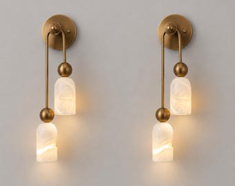 Brass Double Sconce, Alabaster Shades, Mid-Century Modern Stilnovo Wall Light