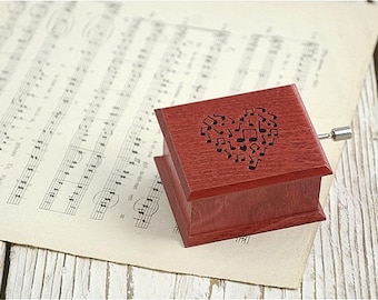 Gift for her for mom for musiclover red heart hand-powered music box wooden music heart notes Mozart Magic Flute