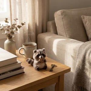 May include: A small, needle-felted raccoon figurine with grey and white fur, holding a tiny brown chocolate chip cookie in its paws. The raccoon has a striped tail, dark eye patches, and sits upright on a wooden surface next to a metal key.