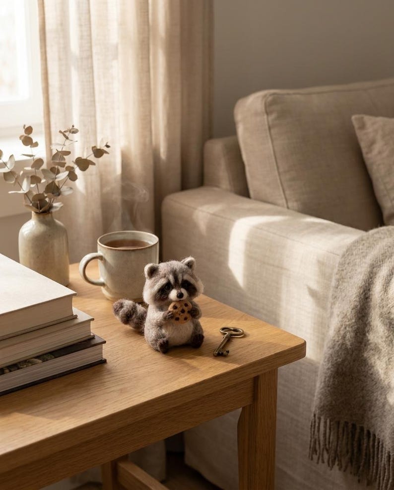 May include: A small, needle-felted raccoon figurine with grey and white fur, holding a tiny brown chocolate chip cookie in its paws. The raccoon has a striped tail, dark eye patches, and sits upright on a wooden surface next to a metal key.