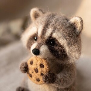 May include: A needle-felted raccoon figurine crafted from fuzzy gray, white, and dark brown wool fibers. The raccoon has black bead eyes, a small black nose, and is holding a round, tan-colored cookie with dark brown chocolate chip spots.