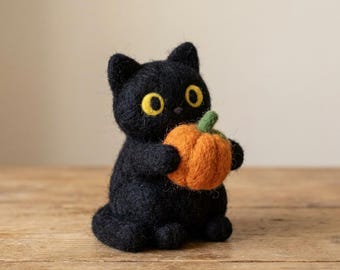 Halloween Black Cat Needle Felting Kit  | Wool Roving+Step Guide, DIY Craft, Stress Relief Hobby, Gift for Crafters, Holiday Gift
