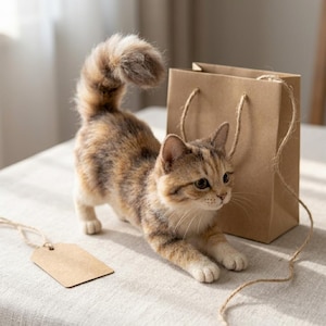 May include: A lifelike, plush kitten with brown and tan striped fur stretches near a brown paper gift bag. A blank, brown tag hangs nearby, connected by twine. The cat's tail is curled, and its paws are extended.