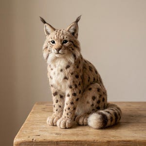 May include: A needle-felted lynx figurine featuring a tan and cream-colored coat with dark brown spots. The lynx has prominent ear tufts, black-tipped ears, dark eyes, and a short, thick tail. The figure is depicted in a seated position.
