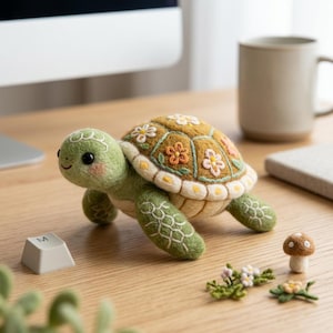 Op de afbeelding: Een naaldgevilte schildpadfiguur met een lichtgroene kop, zwarte ogen en een beige schild versierd met geborduurde witte, oranje en roze bloemen. De schildpad heeft witte stikpatronen op de flippers en er staat een klein paddenstoeltje bij.