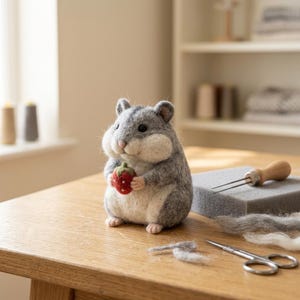Könnte beinhalten: Eine nadelgefilzte graue und weiße Hamsterfigur, die eine kleine rote Erdbeere mit weißen Punkten hält. Der Hamster hat schwarze Augen und eine rosa Nase. Daneben liegen ein grauer Schaumstoffblock, eine Filznadel und eine Metallschere.