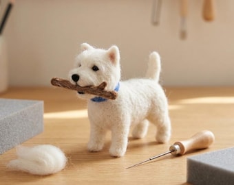 White Westie Dog Holding Stick With Blue Collar Needle Felting Kit Fluffy Wool Dog DIY Craft Kit