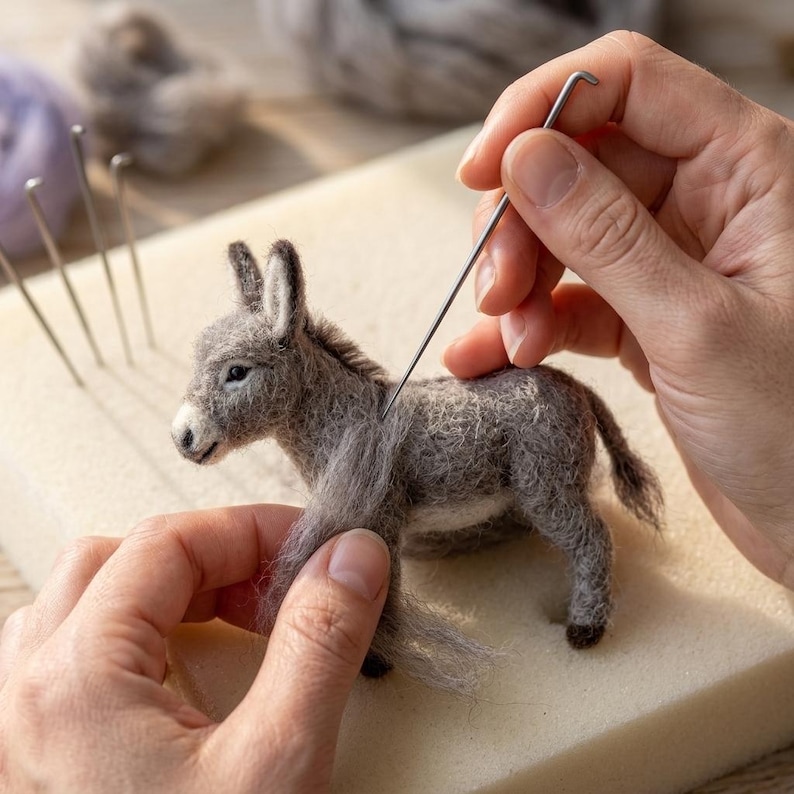 May include: A small, needle-felted gray donkey figurine made of wool fibers. The donkey has upright ears, a short mane, and a tail. A metal felting needle is positioned near the donkey's shoulder, and several other needles are visible nearby.