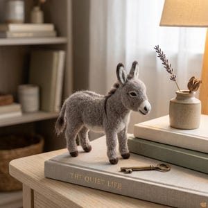May include: A needle-felted gray donkey figurine standing on a light gray book titled THE QUIET LIFE. The donkey has dark brown hooves and a small mane. Beside it sits a small ceramic vase with a sprig of lavender and a vintage brass key.