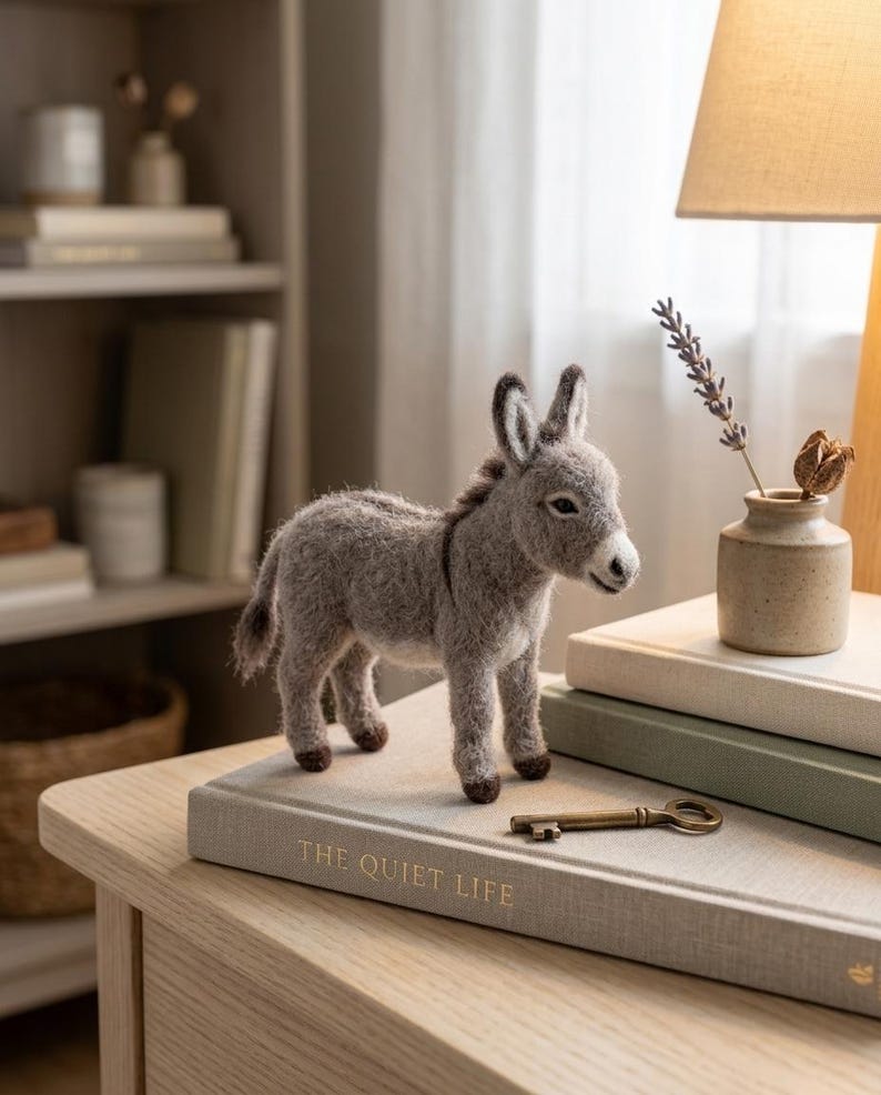May include: A needle-felted gray donkey figurine standing on a light gray book titled THE QUIET LIFE. The donkey has dark brown hooves and a small mane. Beside it sits a small ceramic vase with a sprig of lavender and a vintage brass key.
