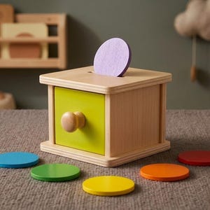 Montessori Objekt Permanenz Holzmünze Box Drop Spielzeug Babys Kleinkinder Sensorische
