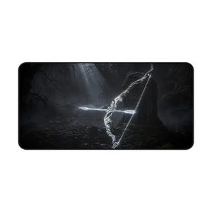 May include: A rectangular mousepad featuring a fantasy scene with a glowing bow and arrow. The background depicts a dark forest with light rays shining through the trees. The bow and arrow are the focal point, rendered in a bright, ethereal light.