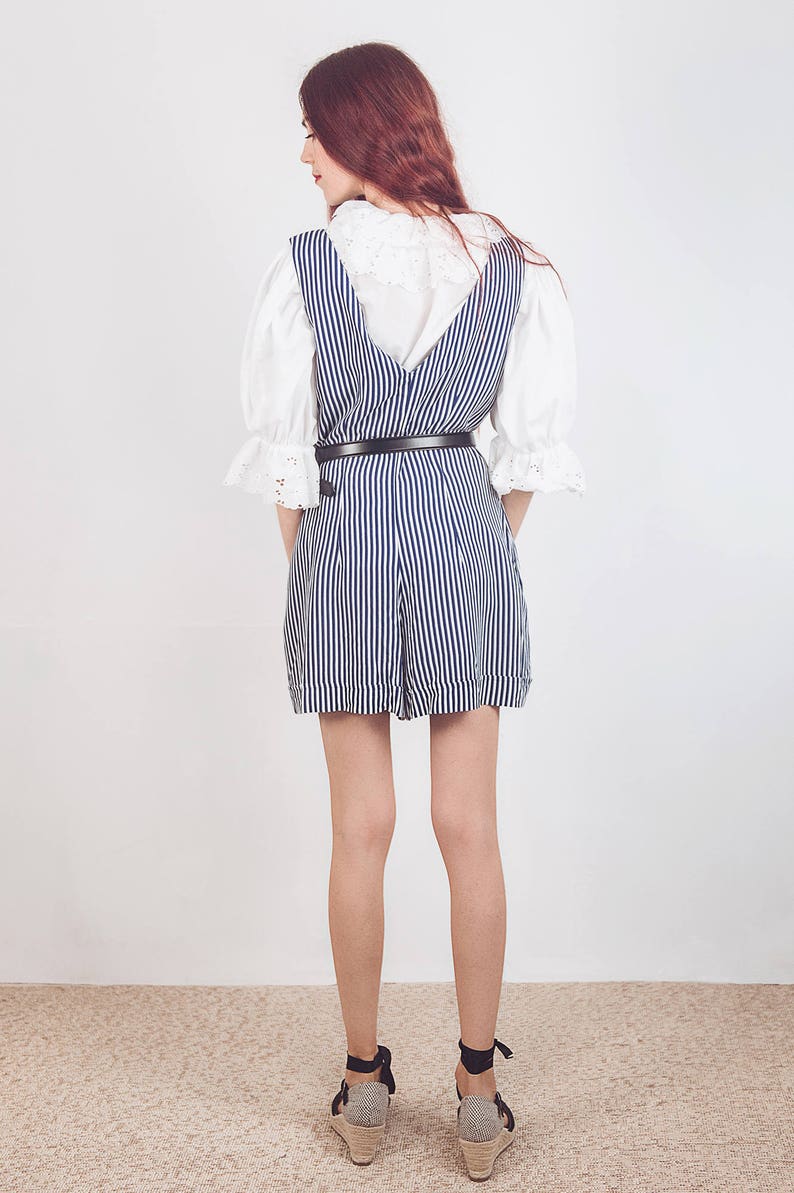 Vintage 80s jumpsuit in striped blue and white fabric size Medium