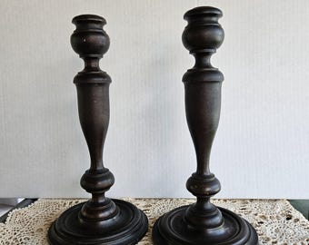Vintage Dark Wood Turned Candlestick Holders | Pair of Wooden Taper Candle Holders | Rustic Farmhouse | Colonial Revival