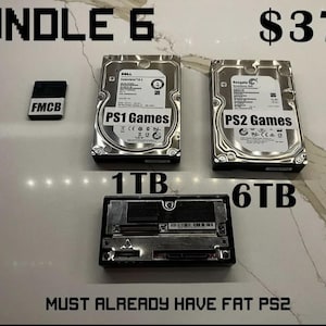 May include: Bundle 6 includes a black FMCB card, two hard drives labeled "PS1 Games" and "PS2 Games", and a 1TB and 6TB hard drive. The text "MUST ALREADY HAVE FAT PS2" is also present.