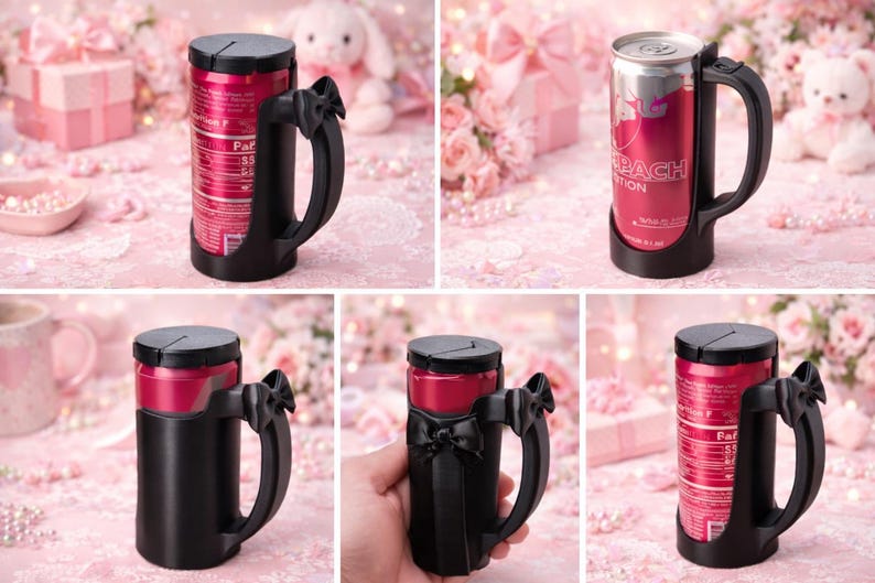 May include: A black can holder with a handle and a lid, designed to hold a beverage can. The holder is shown with a red can inside. The handle has a decorative bow. The background is pink with gifts and flowers.