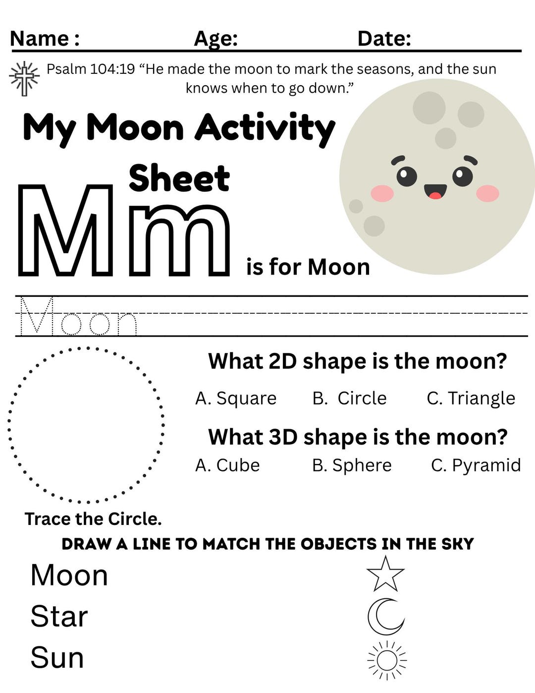 My Moon Activity Sheet for Preschool | Letter M Practice, Counting ...