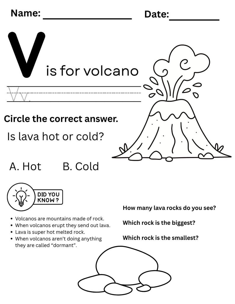 Volcano Exploding Question Marks Preschool Letter V Tracing Worksheet | Volcano Printable, Early ...