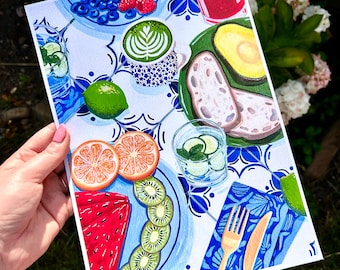 Descarga digital: lámina artística de brunch mediterráneo en azul y blanco.