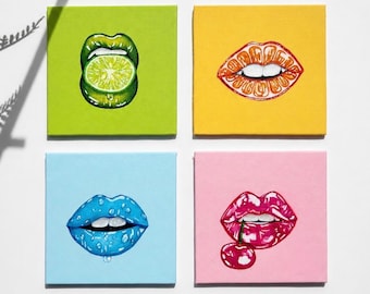 Handgemalte Fruit Lips Mini Leinwand Set | Pop Art Decor, Y2K Funky Raum Kunst